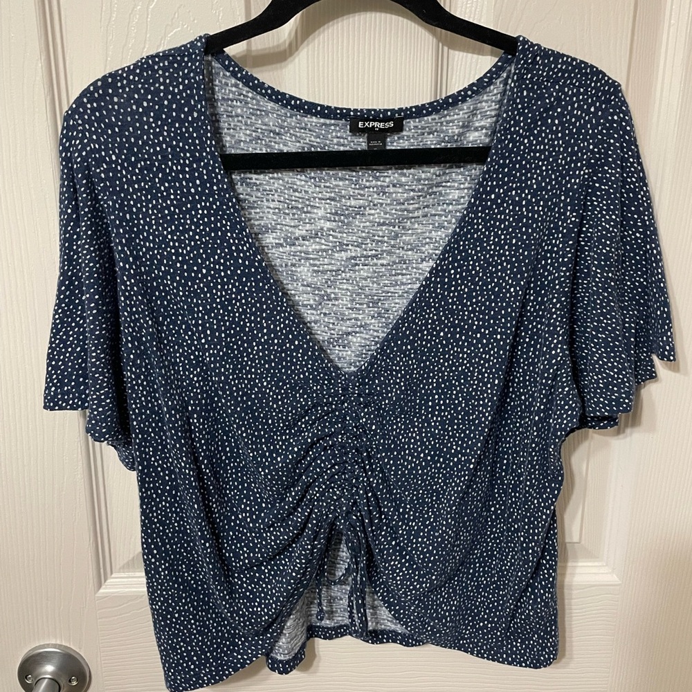 Express Navy Polka Dot Blouse - Size Large - Flutter Sleeves